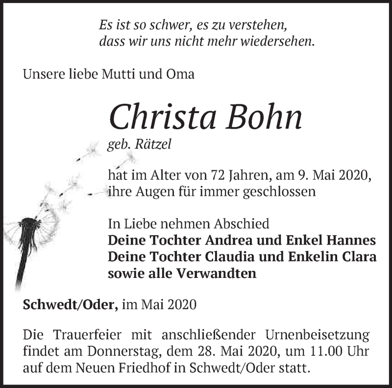 Traueranzeigen Von Christa Bohn Märkische Onlinezeitung Trauerportal 