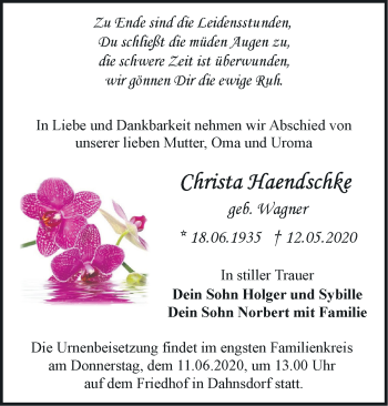 Traueranzeige von Christa Haendschke von Märkische Oderzeitung