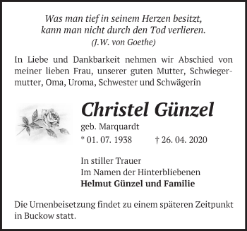 Traueranzeige von Christel Günzel von Märkische Oderzeitung