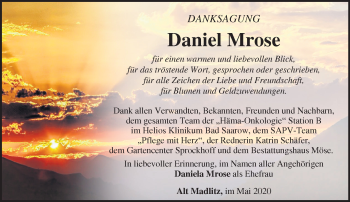 Traueranzeige von Daniel Mrose von Märkische Oderzeitung