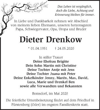 Traueranzeige von Dieter Drenkow von Märkische Oderzeitung