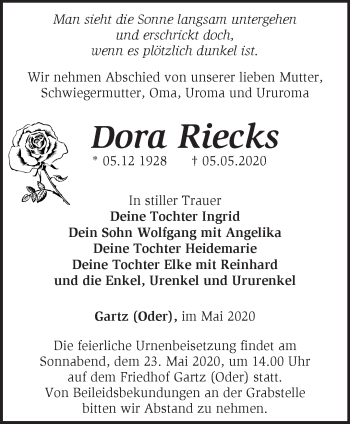 Traueranzeige von Dora Riecks von Märkische Oderzeitung