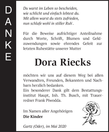 Traueranzeige von Dora Riecks von Märkische Oderzeitung