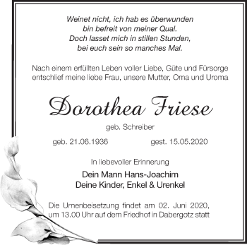 Traueranzeige von Dorothea Friese von Märkische Oderzeitung