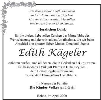 Traueranzeige von Edith Kägeler von Märkische Oderzeitung