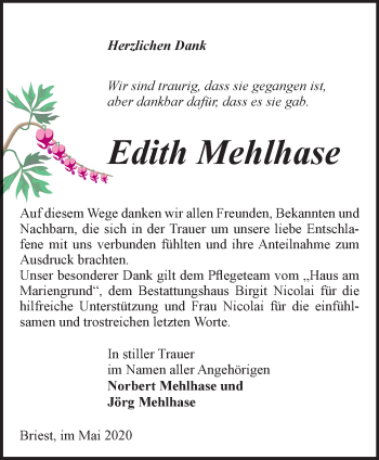 Traueranzeige von Edith Mehlhase von Märkische Oderzeitung
