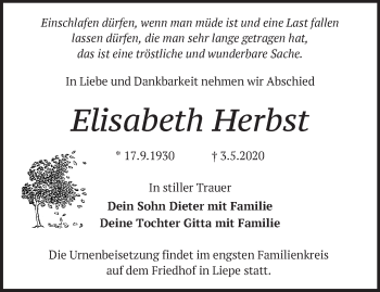 Traueranzeige von Elisabeth Herbst von Märkische Oderzeitung