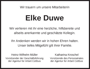 Traueranzeige von Elke Duwe von Märkische Oderzeitung