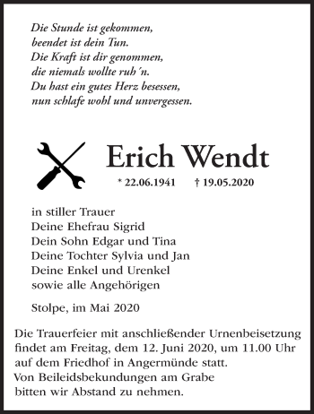 Traueranzeige von Erich Wendt von Märkische Oderzeitung