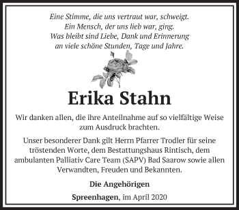 Traueranzeige von Erika Stahn von Märkische Oderzeitung