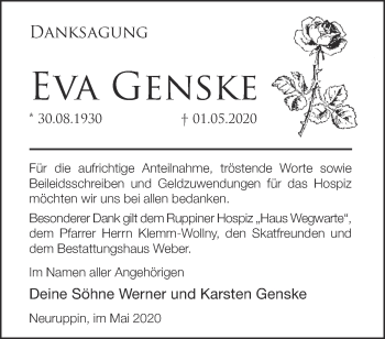 Traueranzeige von Eva Genske von Märkische Oderzeitung