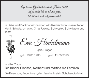Traueranzeige von Eva Hinkelmann von Märkische Oderzeitung