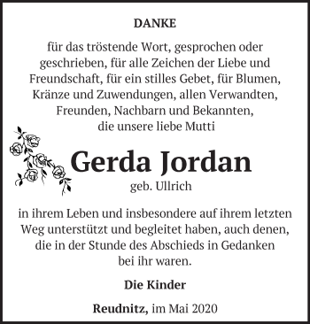 Traueranzeige von Gerda Jordan von Märkische Oderzeitung