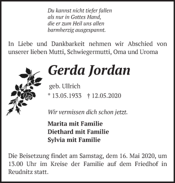 Traueranzeige von Gerda Jordan von Märkische Oderzeitung