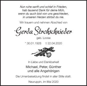 Traueranzeige von Gerda Strohschnieder von Märkische Oderzeitung