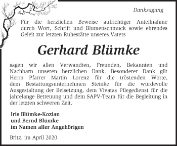 Traueranzeige von Gerhard Blümke von Märkische Oderzeitung