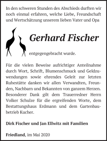 Traueranzeige von Gerhard Fischer von Märkische Oderzeitung