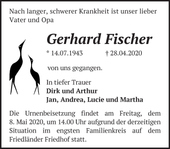 Traueranzeige von Gerhard Fischer von Märkische Oderzeitung