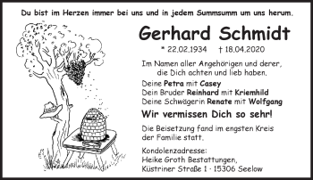 Traueranzeige von Gerhard Schmidt von Märkische Oderzeitung