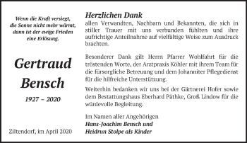 Traueranzeige von Gertraud Bensch von Märkische Oderzeitung