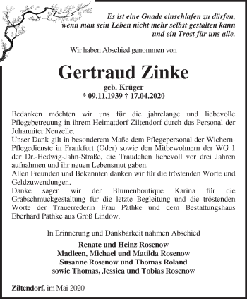 Traueranzeige von Gertraud Zinke von Märkische Oderzeitung