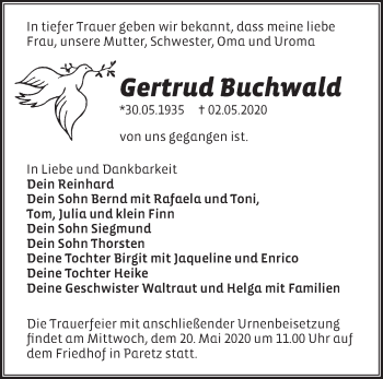 Traueranzeige von Gertrud Buchwald von Märkische Oderzeitung