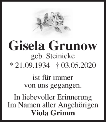 Traueranzeige von Gisela Grunow von Märkische Oderzeitung