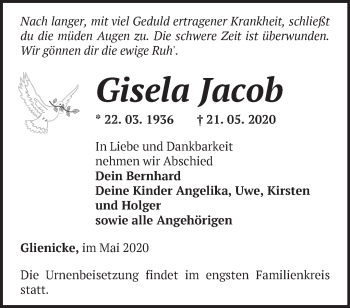 Traueranzeige von Gisela Jacob von Märkische Oderzeitung