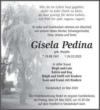 Traueranzeige von Gisela Pedina von Märkische Oderzeitung