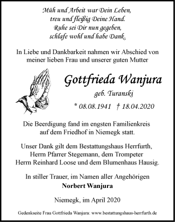 Traueranzeige von Gottfrieda Wanjura von Märkische Oderzeitung