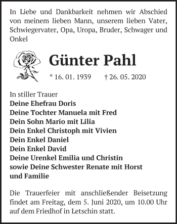 Traueranzeige von Günter Pahl von Märkische Oderzeitung