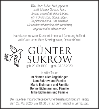 Traueranzeige von Günter Sukrow von Märkische Oderzeitung