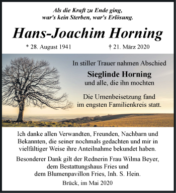 Traueranzeige von Hans-Joachim Horning von Märkische Oderzeitung