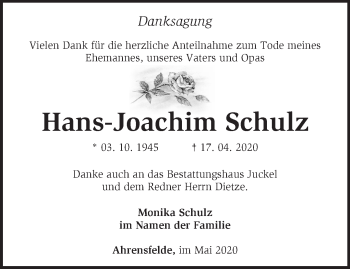 Traueranzeige von Hans-Joachim Schulz von Märkische Oderzeitung