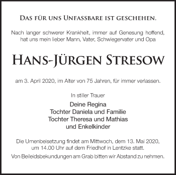 Traueranzeige von Hans-Jürgen Stresow von Märkische Oderzeitung