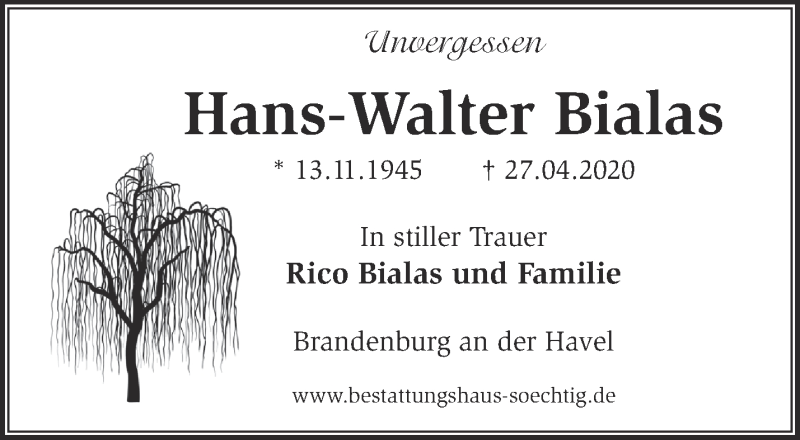  Traueranzeige für Hans-Walter Bialas vom 17.05.2020 aus Märkische Oderzeitung