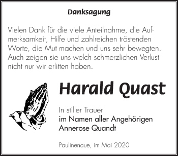 Traueranzeige von Harald Quast von Märkische Oderzeitung