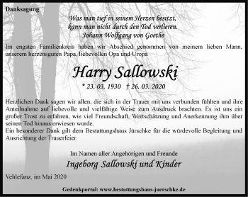 Traueranzeige von Harry Sallowski von Märkische Oderzeitung