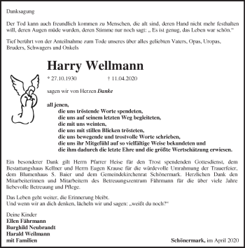 Traueranzeige von Harry Wellmann von Märkische Oderzeitung