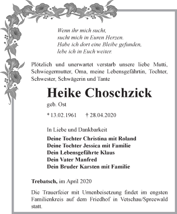 Traueranzeige von Heike Choschzick von Märkische Oderzeitung