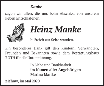 Traueranzeige von Heinz Manke von Märkische Oderzeitung