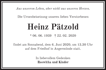 Traueranzeige von Heinz Pätzold von Märkische Oderzeitung