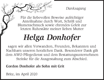 Traueranzeige von Helga Donhofer von Märkische Oderzeitung