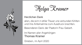 Traueranzeige von Helga Kramer von Märkische Oderzeitung