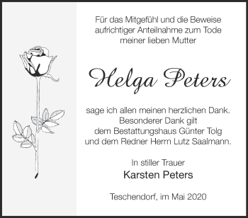 Traueranzeige von Helga Peters von Märkische Oderzeitung