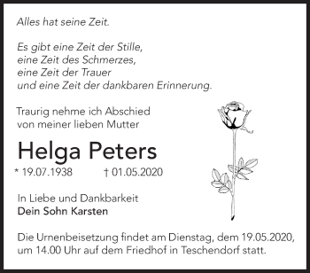 Traueranzeige von Helga Peters von Märkische Oderzeitung