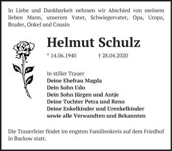 Traueranzeige von Helmut Schulz von Märkische Oderzeitung