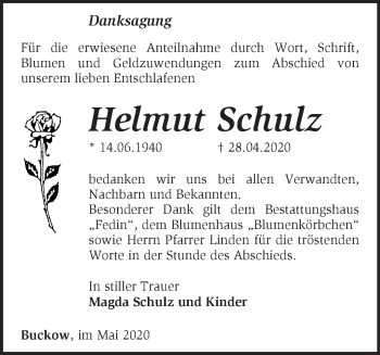 Traueranzeige von Helmut Schulz von Märkische Oderzeitung