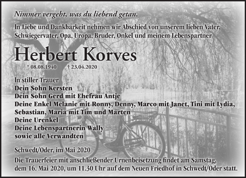  Traueranzeige für Herbert Korves vom 05.05.2020 aus Märkische Oderzeitung