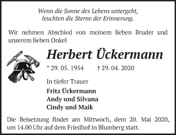 Traueranzeige von Herbert Ückermann von Märkische Oderzeitung